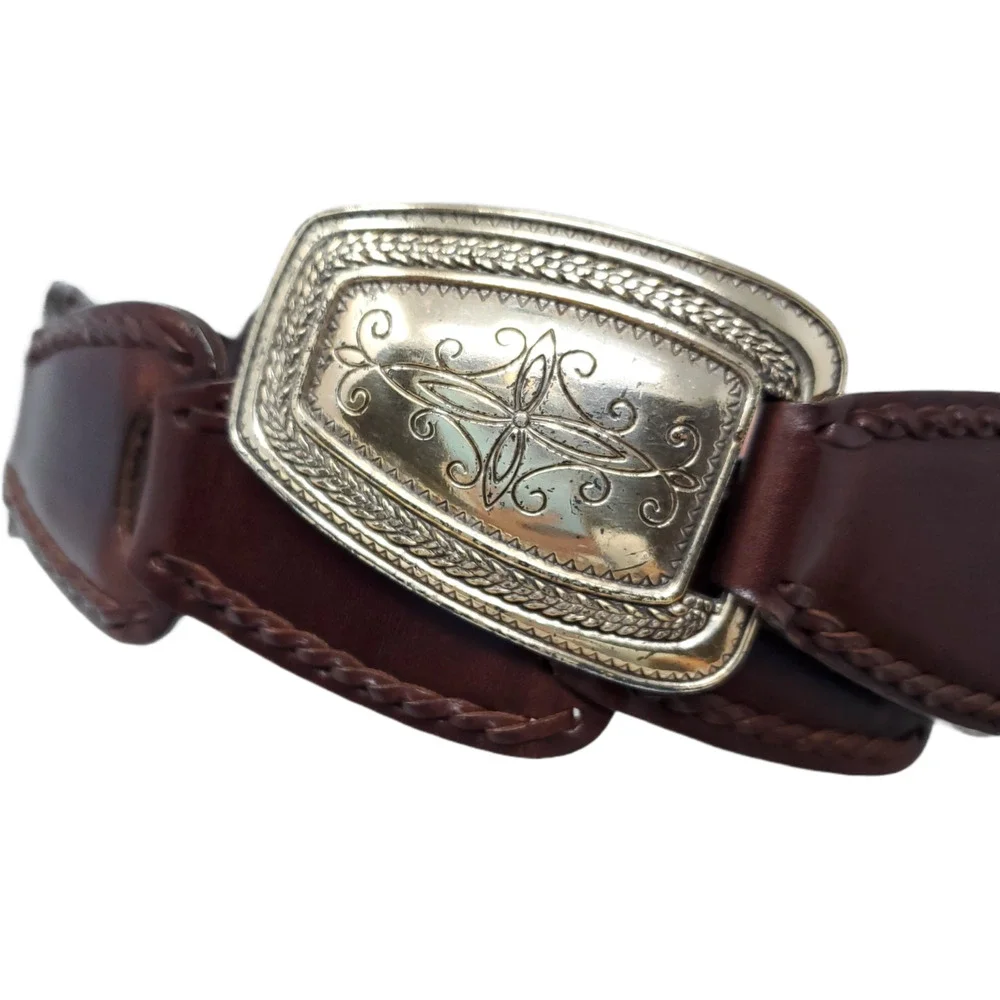 Brighton Cordovan Connected Leather Belt M Silver Tone Etched Buckle
